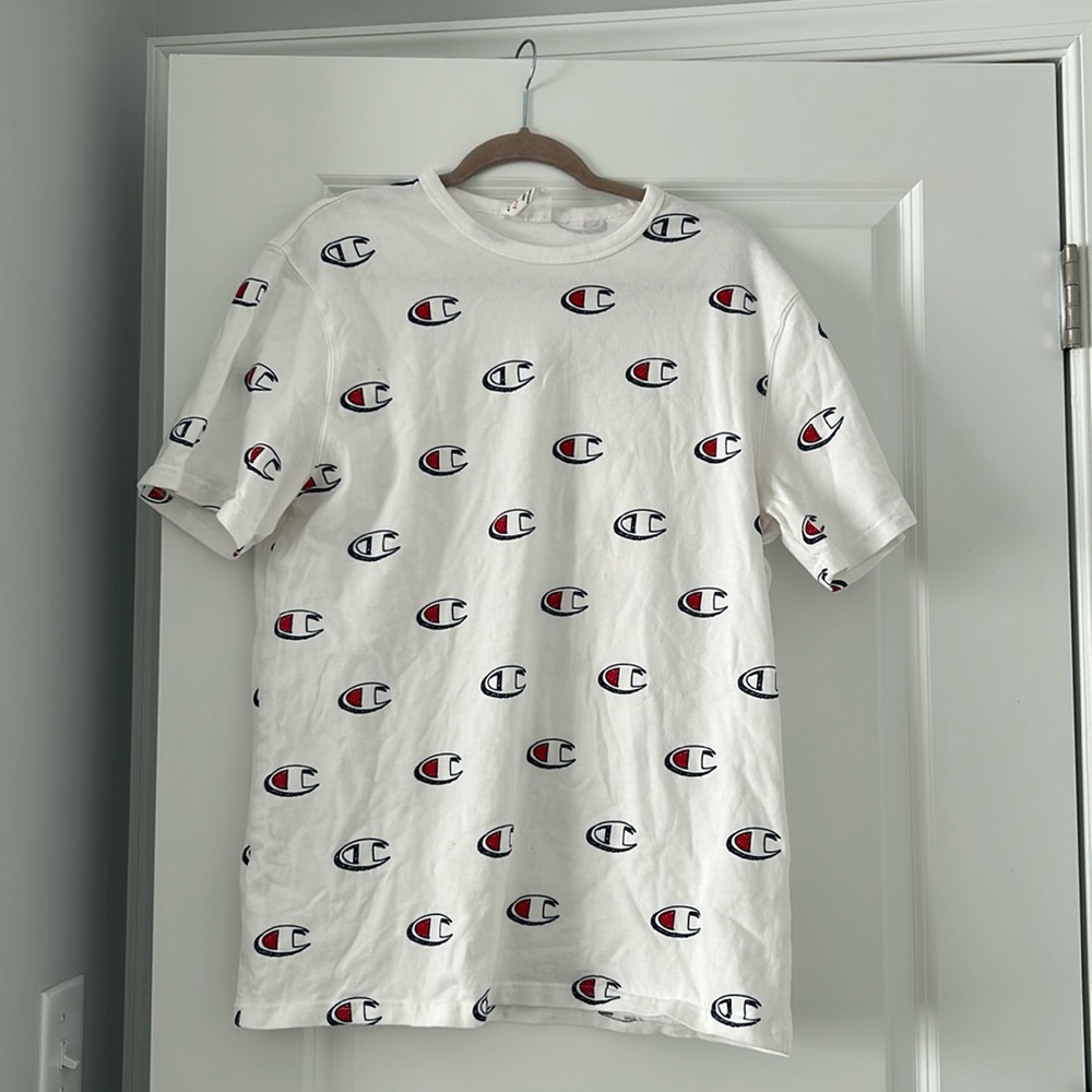 Champion White Tee with Logo Pattern
